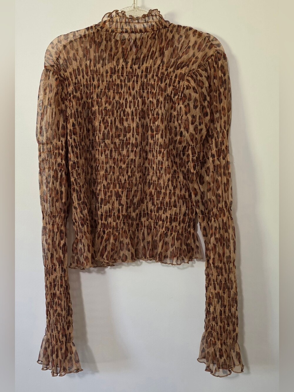 Free People Hello There Smocked Leopard Print Sheer Top Indie Sleaze Y2K Large - Picture 3 of 10
